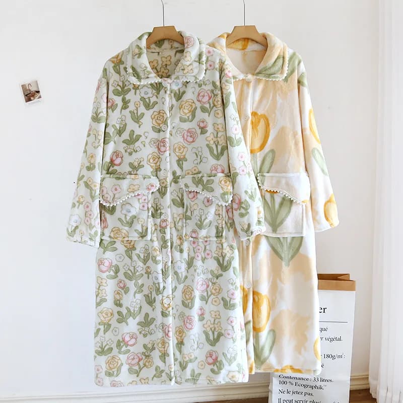 Coral Velvet Robe Women's Autumn And Winter Flower Printed Dress Flannel Bathrobe Female Thicken Warm Sleepwear Shower Robes