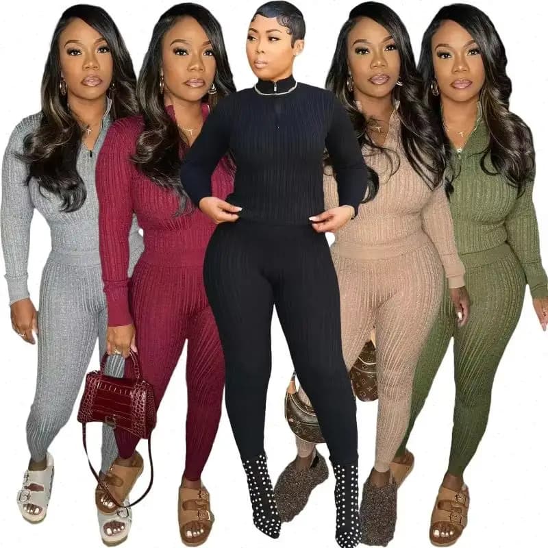 Pant Set Women Two Piece Sets Stand Neck Zipper Full Sleeve Shirt Knitted Sheath Pants Ankle Length Y2k Streetwear 2026 Spring