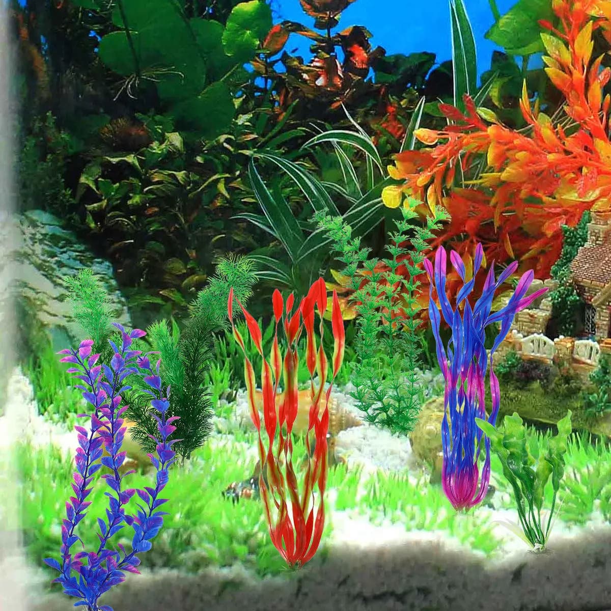 10Pcs Artificial Aquarium Plants Safe Plastic Ceramic Base Bright Colors Lifelike Fish Tank Decoration Large Simulation Water