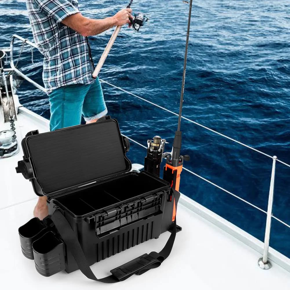 2 Level Fishing Equipment Box with Cup Door and Cane Door, Adjustable Cane Box, Fishing Accessories