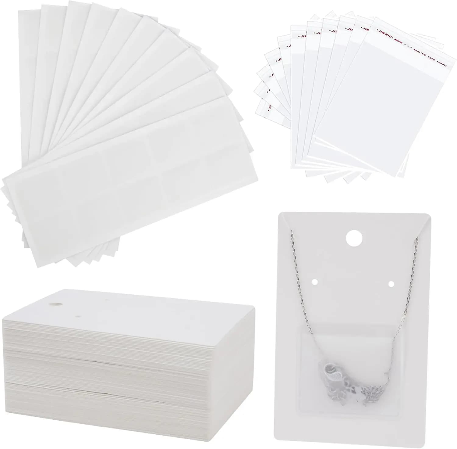 100 Pieces of Exhibition Cartons for Jewelry with Envelopes Wall decal and Transparent Bags for Packing Necklaces and Earrings in White