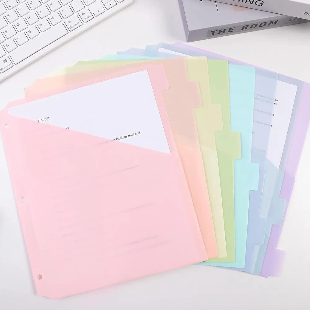 8 pcs A4 Pastel Binder Dividers 3-Ring Binder Single Pocket Single Pocket Dividers 8-Tab Dividers Plastic File Folders