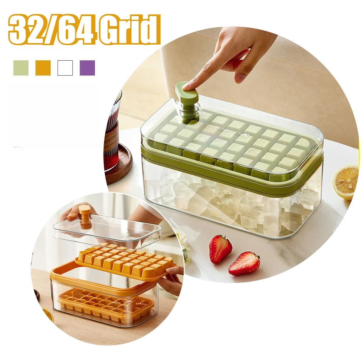 Stampo per ghiaccio con 32/64 scomparti, stampo per cubetti di ghiaccio con pressa per estrarlo, vassoio per cubetti di ghiaccio in silicone resistente fai da te con coperchio, pala e contenitore.