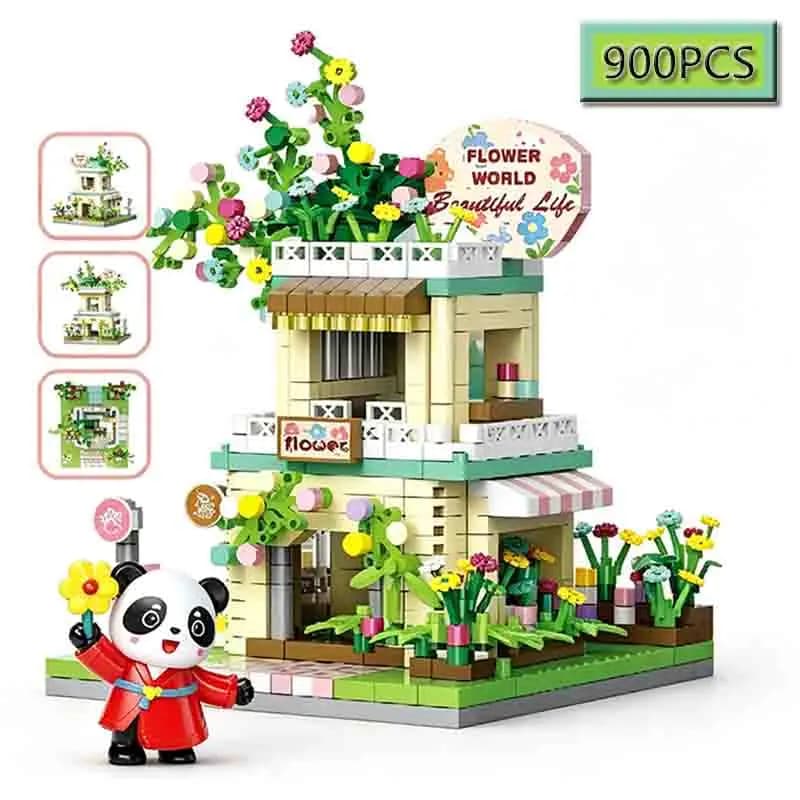 Set di Costruzioni Trendy da 900 Pezzi: Negozio di Gelati e Fiori, Modello di Edificio Urbano, Ornamenti Fai-da-te, Giocattoli Puzzle per Bambini