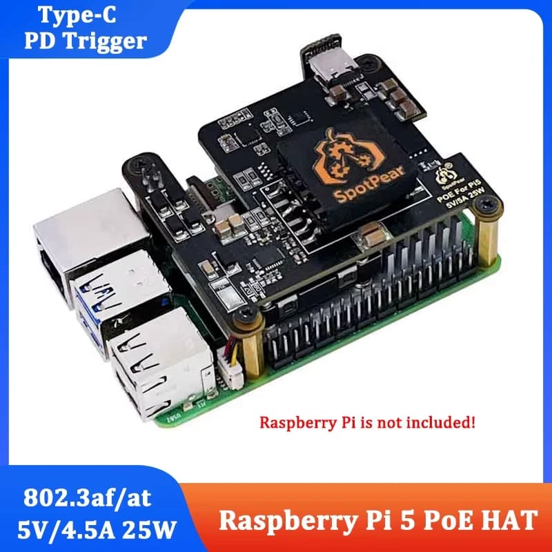 Raspberry Pi 5 PoE HAT con Attivazione PD Trigger, Alimentazione Ethernet Type-C 802.3af/at, Ventola Opzionale per Raspberry Pi 5