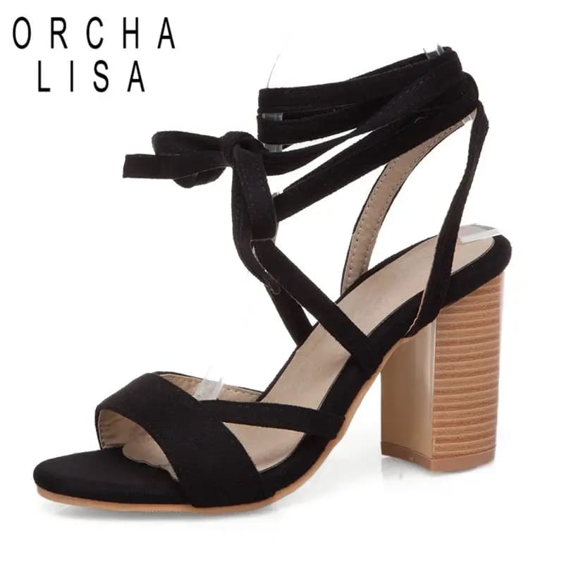 ORCHA LISA 2025 Sandali da donna moda Flock Pelle scamosciata Tacchi grossi 8,5 cm Lace Up Plus Size 48 49 50 Scarpe da festa sexy per appuntamenti Estate