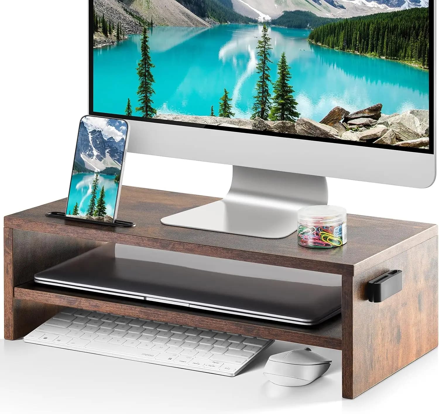 16.5 Inch 2 Tier Monitor Stand with Printer Shelf, Phone Holder & Cable Management - Vintage