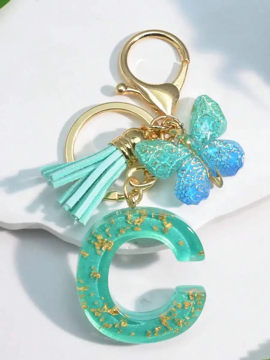Resin Letter C Keychain With Butterfly Charm And Tassel For Women Handbag Car Decoration