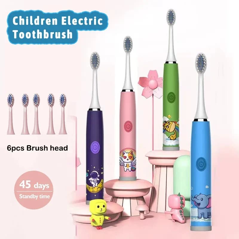 Colorful Children's Electric Toothbrush, Rechargeable, Design Carton Animated, Automatic, Waterproof IPX7 with Replaceable Head