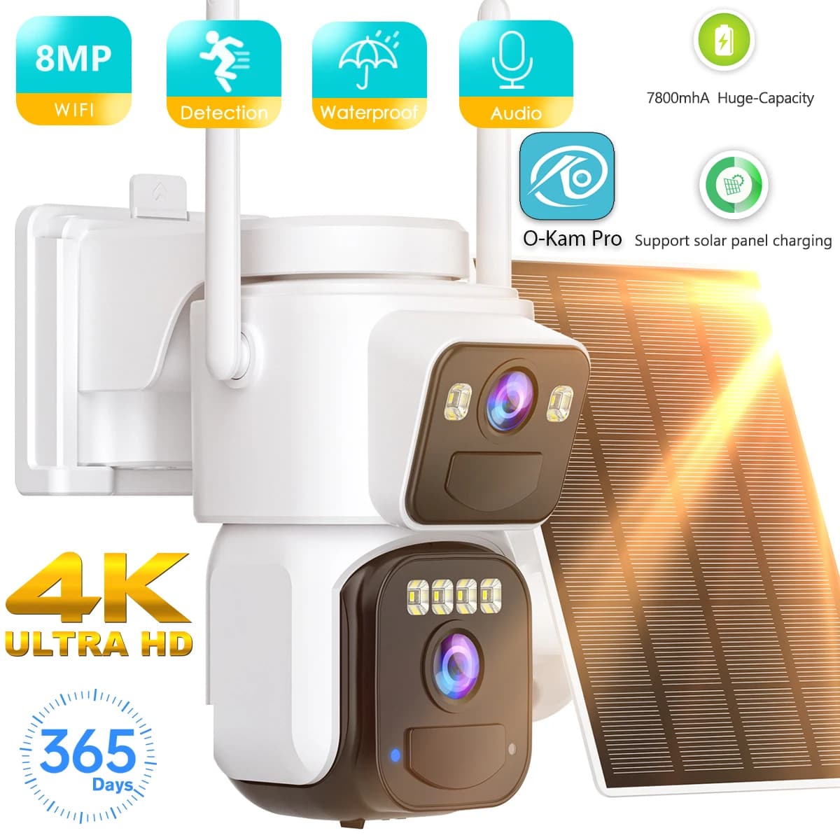 7800mAh Integrated Battery 8mp PTZ Solar Wifi Camera for Outdoor 4K Human Monitoring Camera Double Screen CCTV O-Kam Pro APP
