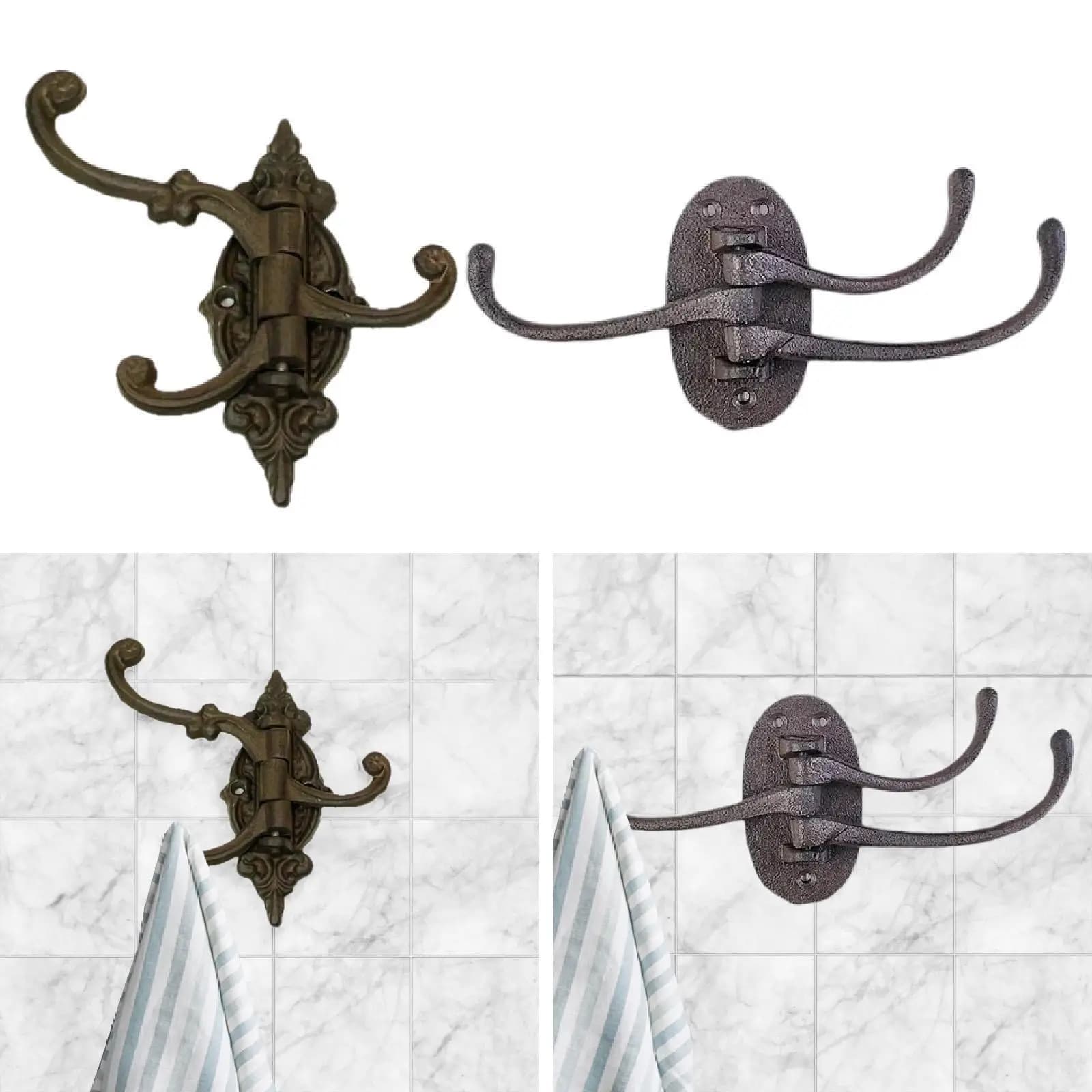 Cast Iron Hook Hanging Storage Key Holder Shed with 3 Swing Arm Wall Mount Coat Hanger for Jackets Closet Bathroom Purse Hat