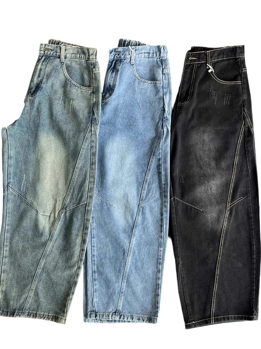 Japanese Retro Heavy-duty Distressed Patchwork Jeans Loose Wide Leg Pants
