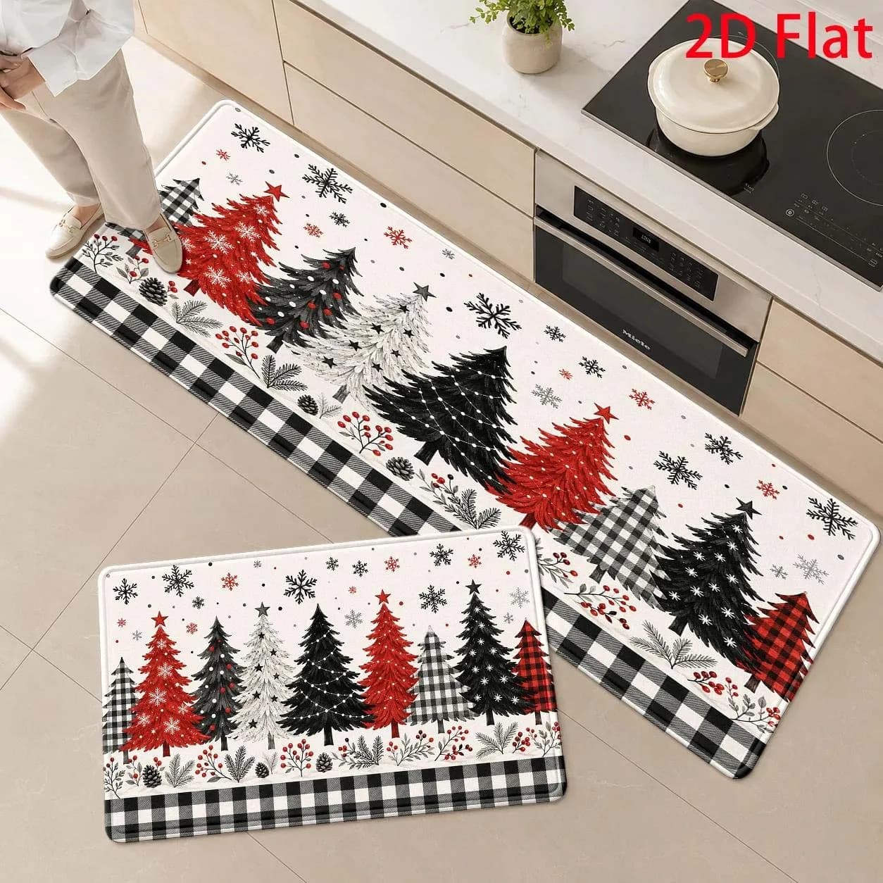 Area Runner Rugs 1 2 3 Pcs Set White Christmas Tree Buffalo Plaid Kitchen Bedside Laundry Room Hallway Floor Door Mat