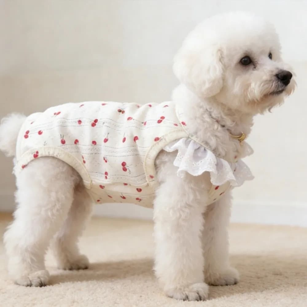 Pigiama per cani con stampa a fiocco, maniche a volant, traspirante, copri-pancia, protezione completa della pancia, gilet estivo confortevole per animali domestici, abbigliamento casual