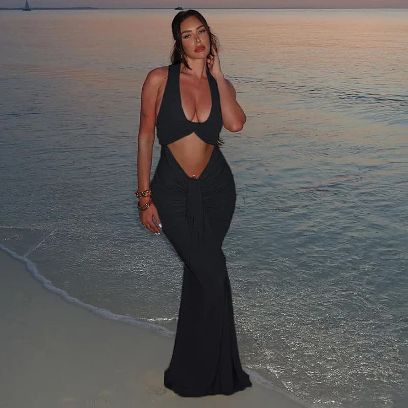 Solido Torsione Scava Fuori Nastro Sirena Maxi Vestito Da Partito Delle Donne Fashoin Sexy U Collo Senza Maniche Increspato Aderente Clubwear Lungo ROBE
