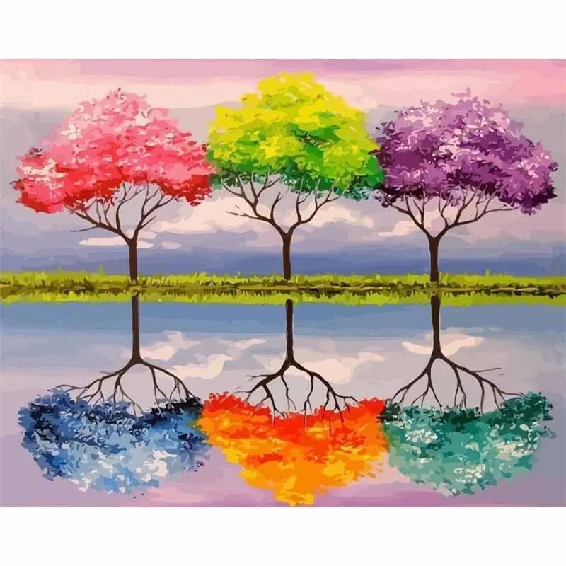 1pc Frameless Professional Art Use an Adult Paint by Numbers Kit for Beginners, "Colored Trees And Reflections" Oil Painting Kit