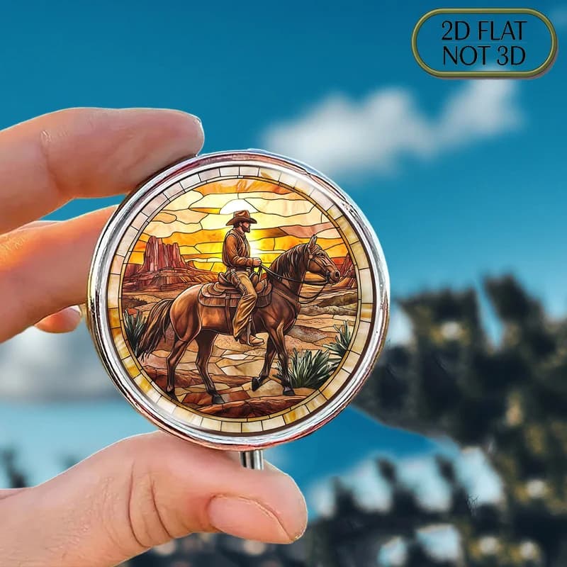 1 portable round metal pill box, suitable for travel use - with a western horseback riding desert sunset pattern, medicine storage box, compact and portable, suitable for vitamins, supplements, and gift giving, flat design