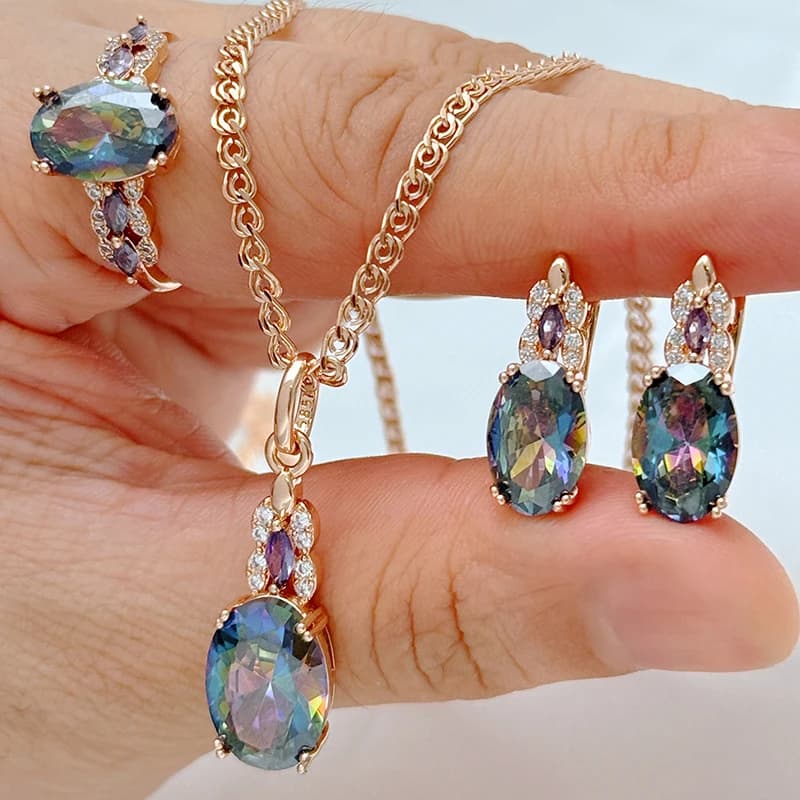 Kienl Collana con orecchini ad anello con zirconi naturali colorati caldi per le donne Set di gioielli da 3 pezzi di lusso in oro rosa 585 da indossare ogni giorno