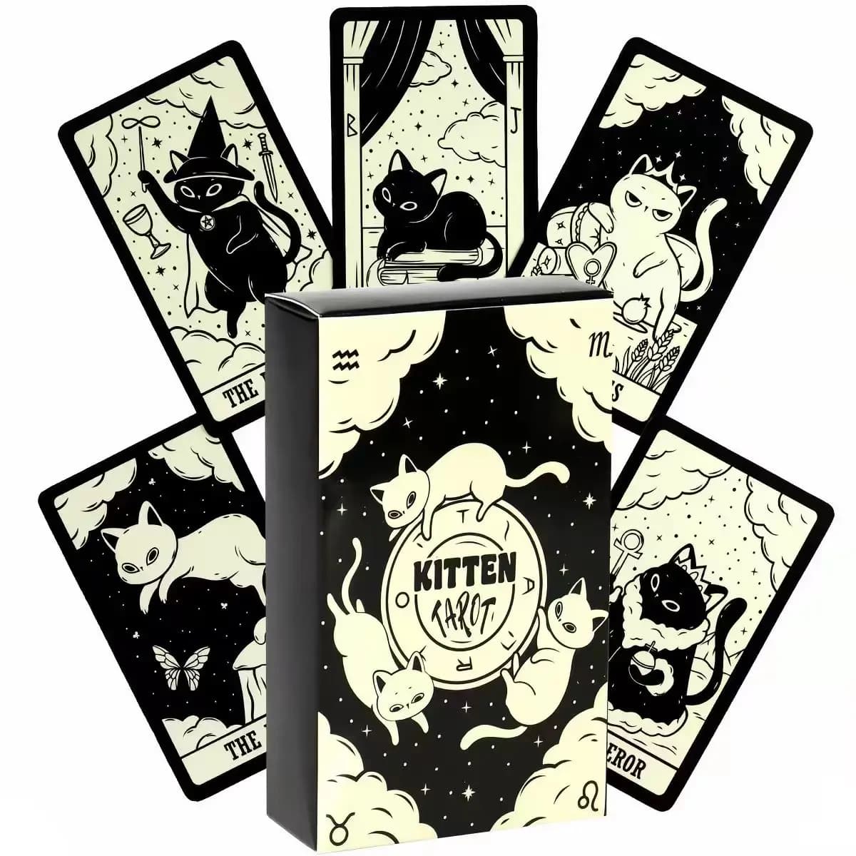 Kitten Tarot Cards 78PCS Black Cat Deck Oracle Divination Witchcraft Cute Animal Tarot For Beginners Spirituality Board Game Gif