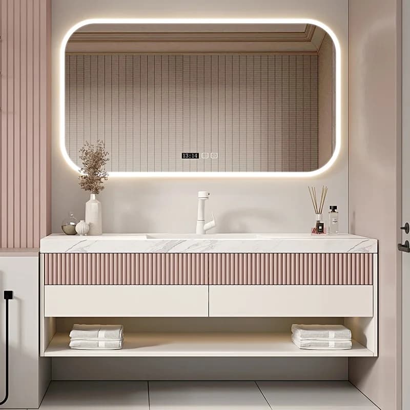 Set di Mobili da Bagno Moderni e Minimalisti in Legno Massello con Lavabo in Granito Senza Giunture e Specchio Intelligente per Magazzini e Ospedali