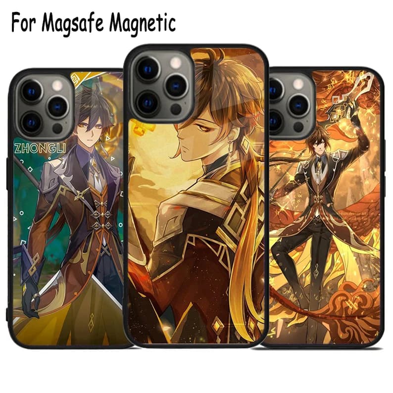 Custodia magnetica per telefono Zhongli Genshin Impact per iPhone 17 Air 15 16 16e 14 13 11 12 Pro Max Plus con supporto MagSafe