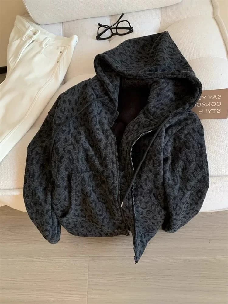 Cardigan Aperto da Donna American Street Style con Stampa Leopardata e Patchwork, Spesso, Caldo e Versatile, per Autunno Inverno
