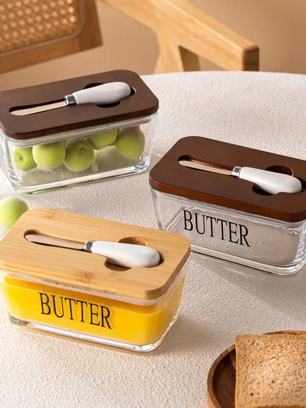 Contenitore rettangolare in vetro per burro e formaggio, con coperchio, per uso domestico, barattolo per conservazione alimenti a forma di rettangolo lungo.