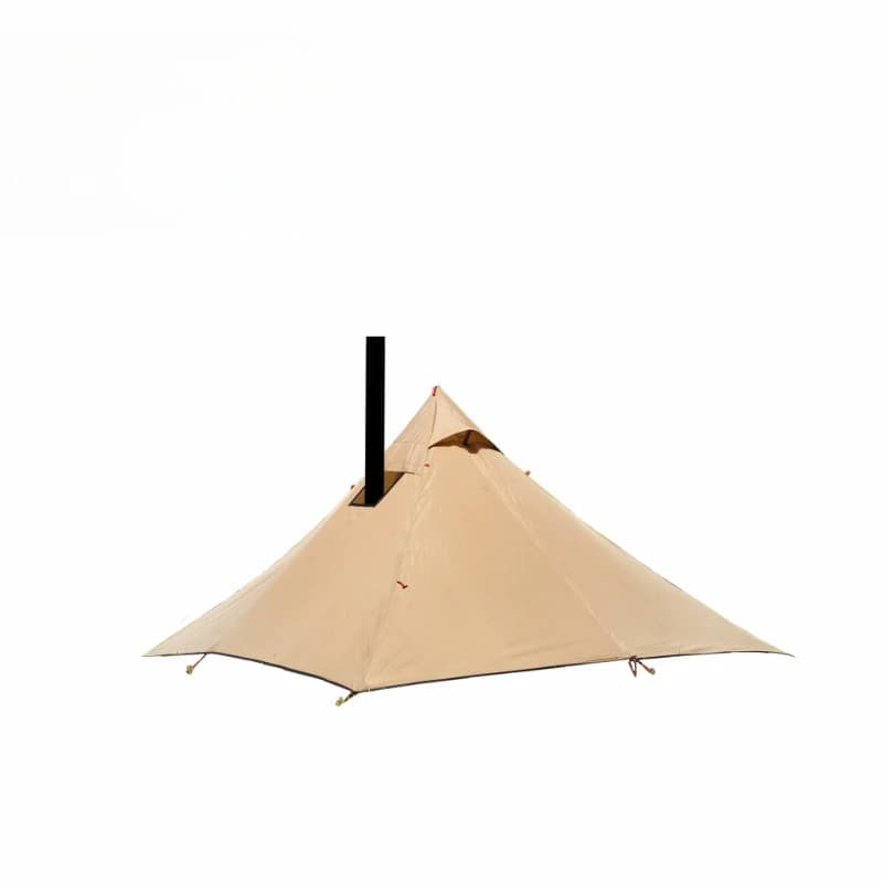 Tenda piramidale da campeggio con stufa a legna a quattro angoli, per un riparo caldo e protetto.