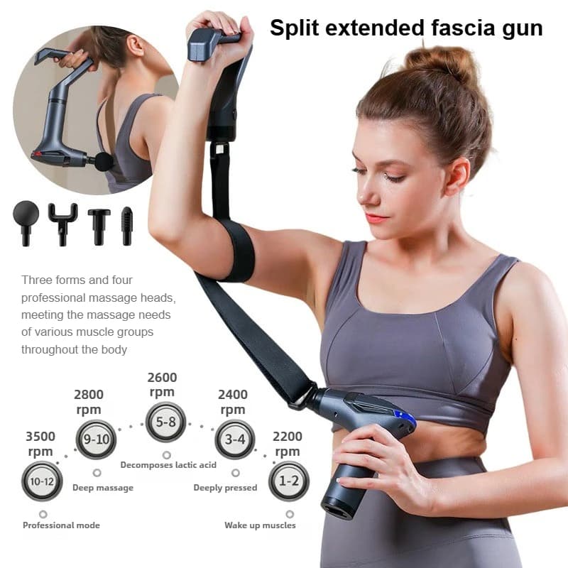 Split-band massager for muscle relaxation with multifunctional extended grip and multifrequency vibration band gun