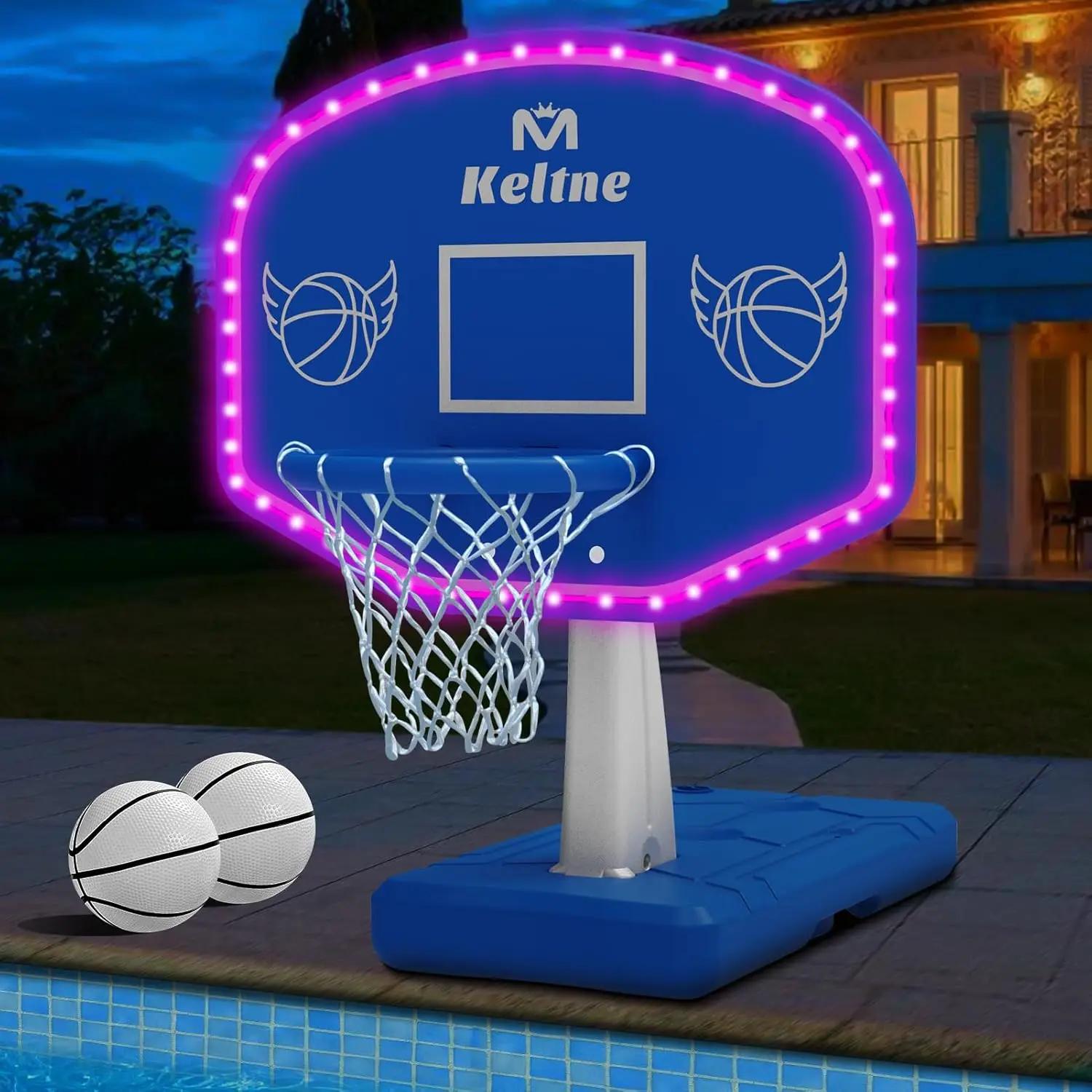 Canestro da Basket a LED Solare per Piscina con 2 Palloni e Pompa, Base Robusta per Bambini e Adulti, Gioco per Piscina