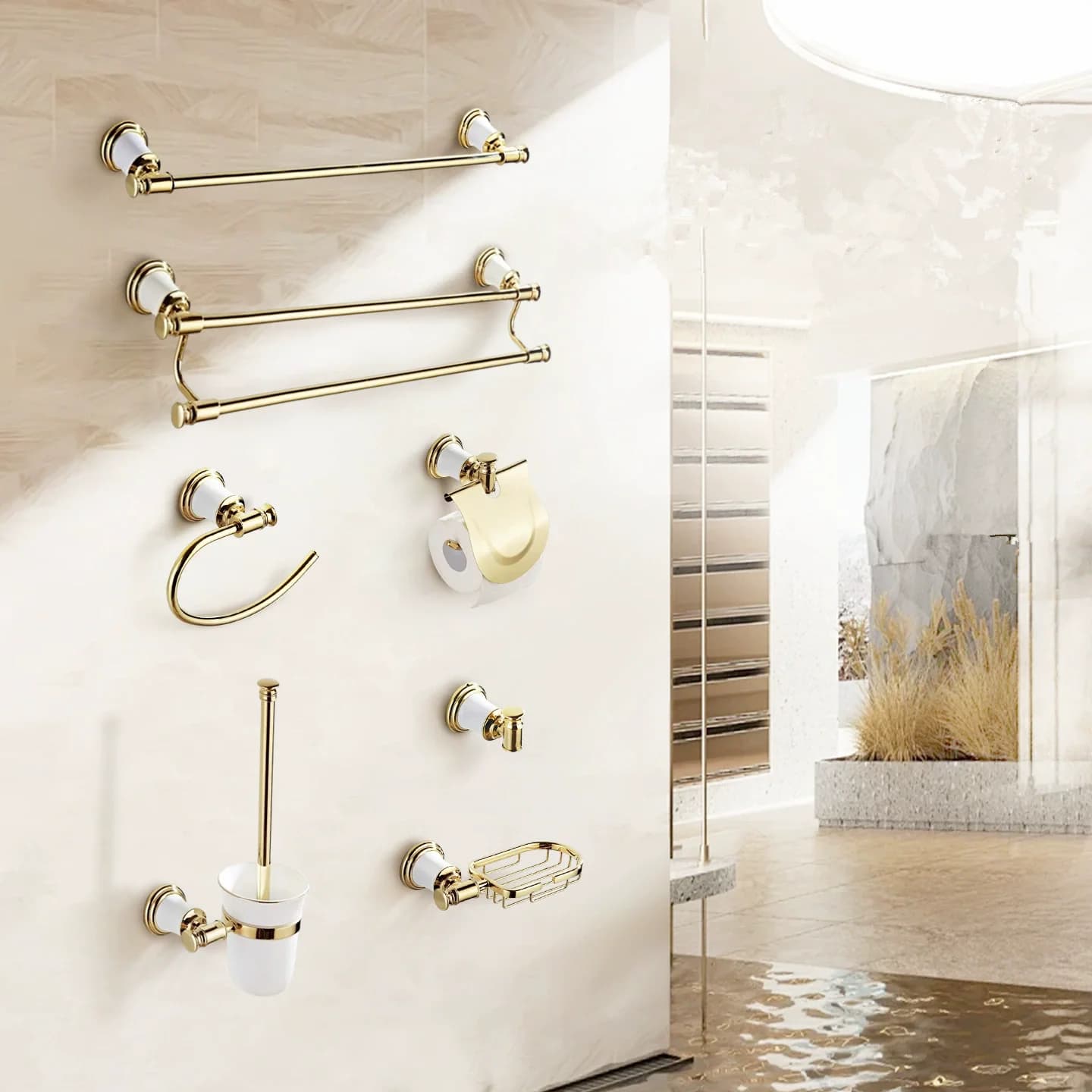 Scopino da bagno in ottone, mensola da bagno, porta carta bianco oro, portasciugamani, portasapone, mensola in vetro, gancio per asciugamani, hardware per il bagno