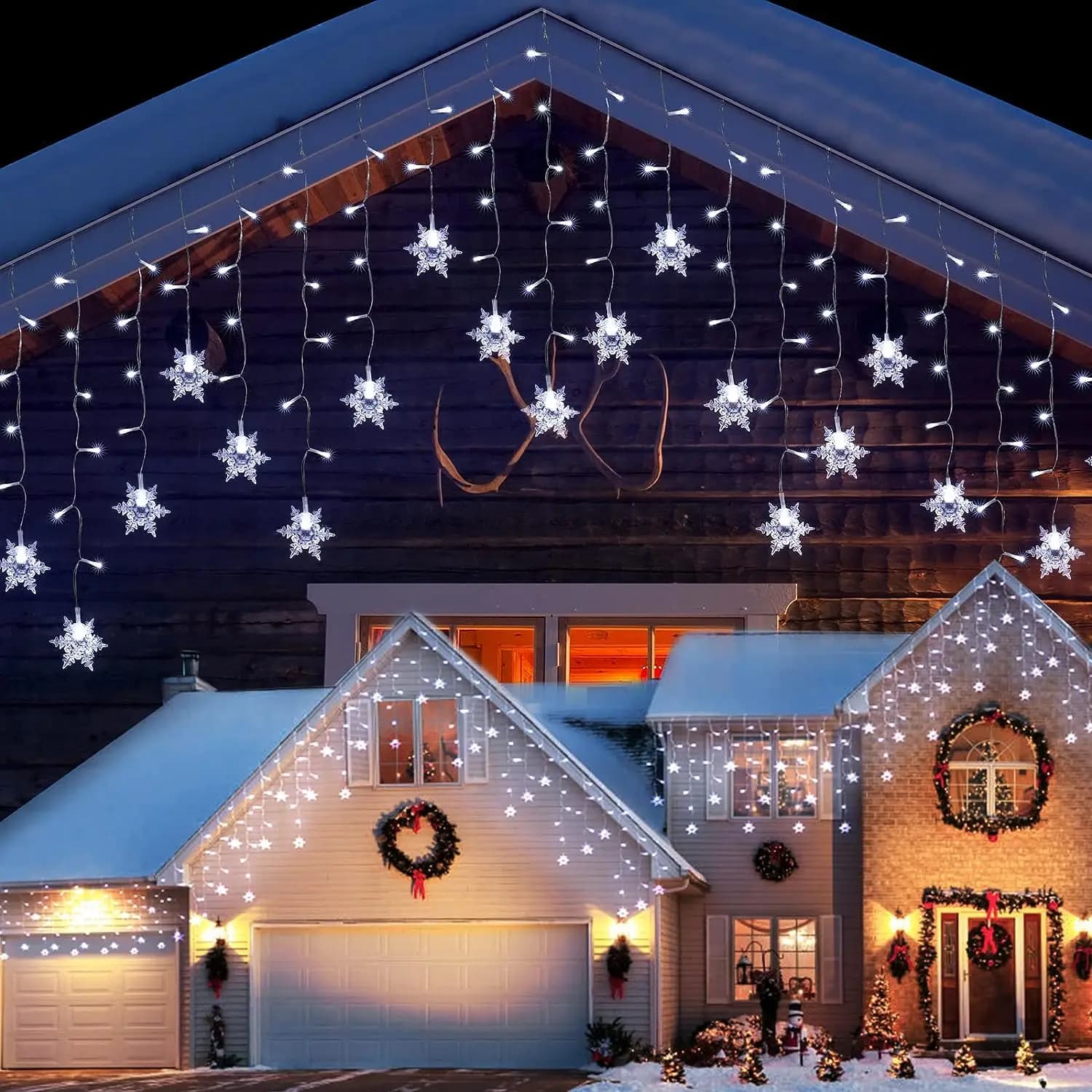 Decorazione natalizia a fiocco di neve 2025, ghirlande da strada per la casa, luci a ghiacciolo a LED, luci a cascata impermeabili per esterni, luci a stringa a cascata.