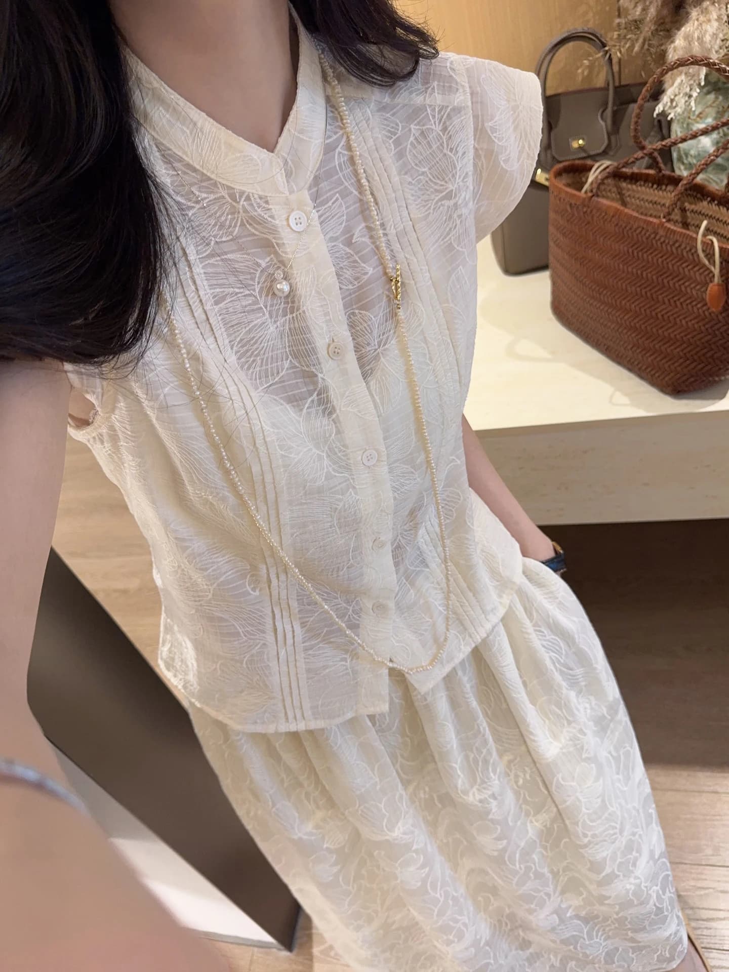Elegant Embroidered Light Chinese Style Set Age Reducing High Waist Skirt Short Sleeve Shirt Stand Collar Two Piece Suit Summer