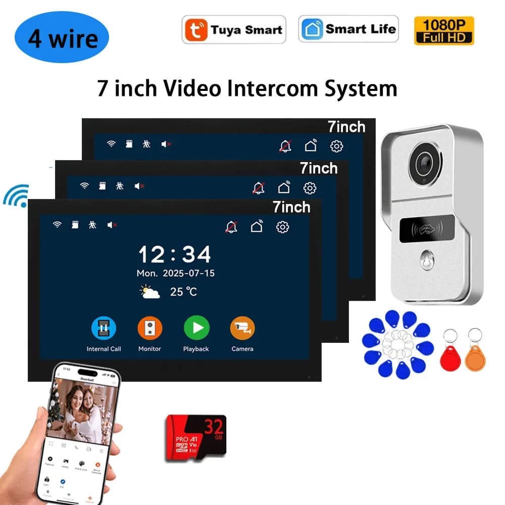 Smart Tuya video intercom with 7-inch LCD Screen, Wi-Fi/Wireless Doorbell, 2/3 Monitor, 1080P HD Camera, IC Card Unlock, Intercommunicating System