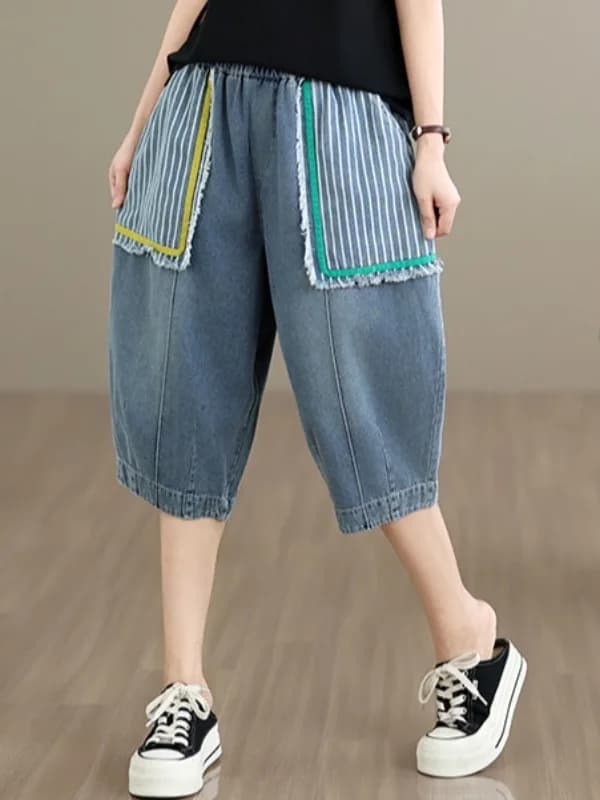 Summer Washed Casual Harlan Jeans Women's plus Size Loose Waist Cuffed Striped Pockets Denim Pants Ladies Casual Loose Fit