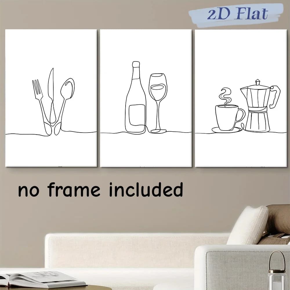 Set di 3 quadri moderni e minimalisti per la decorazione della cucina, con disegni di coltelli, forchette e cucchiai, dipinti su tela senza cornice, re