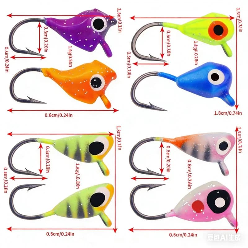 Set di 8 esche artificiali luminose con ami, leggere, per la pesca sul ghiaccio, invernale, in mare e dalla barca
