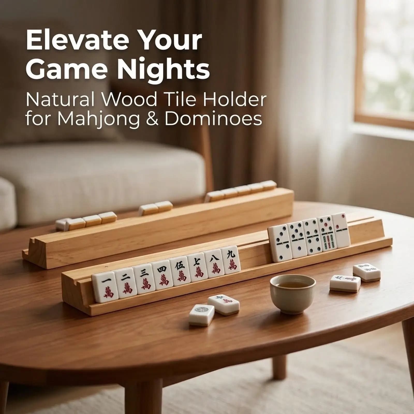 Mahjong Tile Stand Wood 18 Inch Organizer with Magnetic Pusher for Indoor Activities Family or Friends Gathering