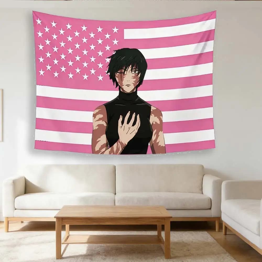Tapestry J-Jujutsu Kaisen Maki Zen'in, Tappeto da Parete Anime con Bandiera Americana Rosa, Poster Personaggio Manga per Camera da Letto Otaku