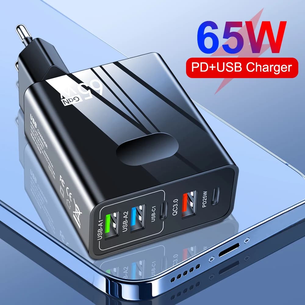 Caricatore per telefono a ricarica rapida USB C GaN da 65 W a 5 porte per iPhone Samsung Xiaomi Pixel PD Adattatore da parete a ricarica rapida con spina EU/US/UK