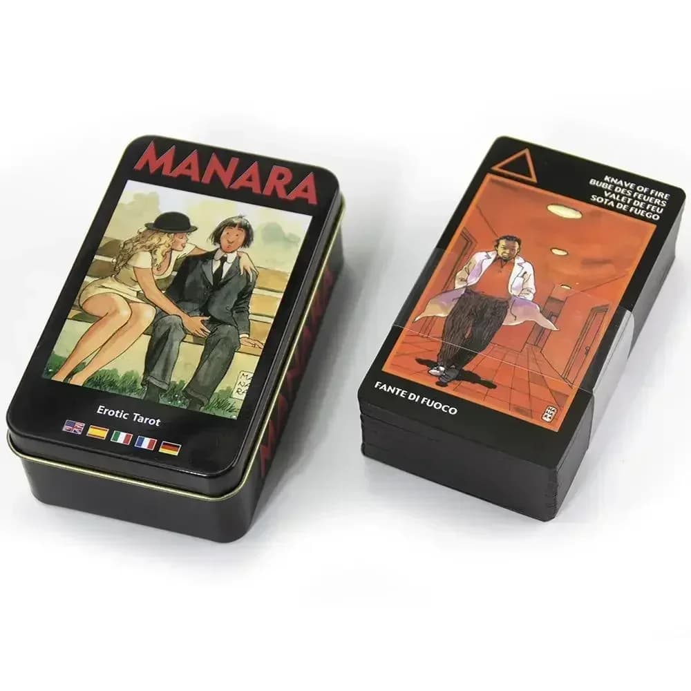 Mazzo di tarocchi Manara in una scatola di latta Bordo dorato per carte da gioco di predizione del futuro Gioco da tavolo da 78 pezzi