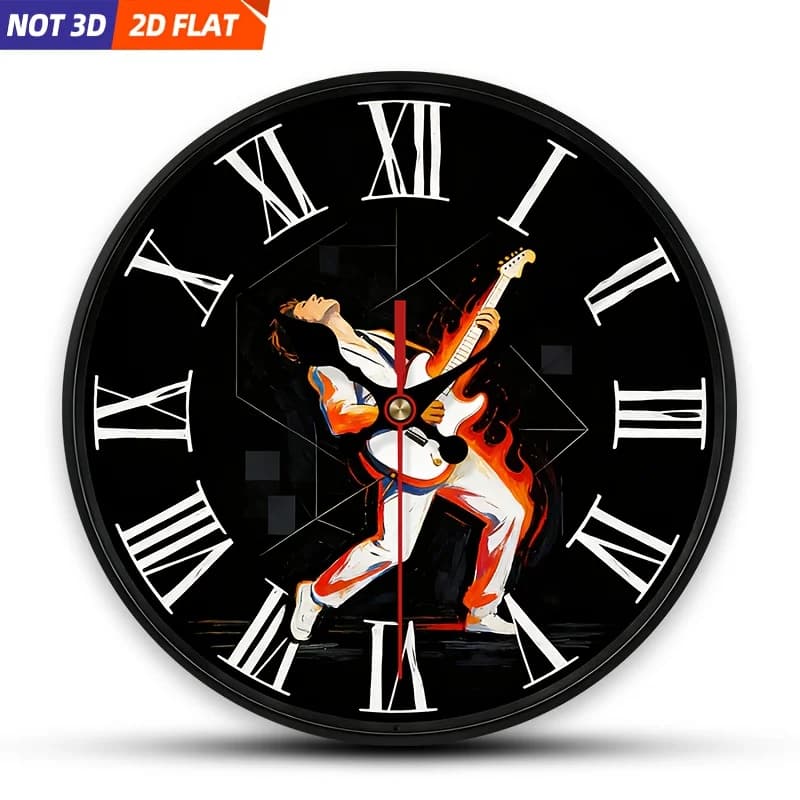 2D Piatto. 1 pezzo. Orologio da parete a tema chitarrista rock, orologio decorativo silenzioso, orologio da parete creativo, adatto per decorare le camere da letto