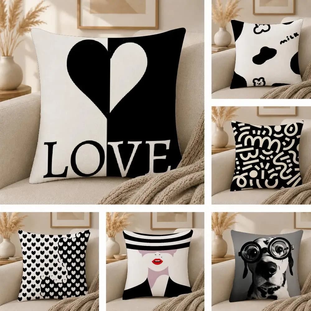 Premium Black And White Cushion Cover Plush Fabric Soft Double Sided Print Sofa Cushion Cover Throw Pillow Covers