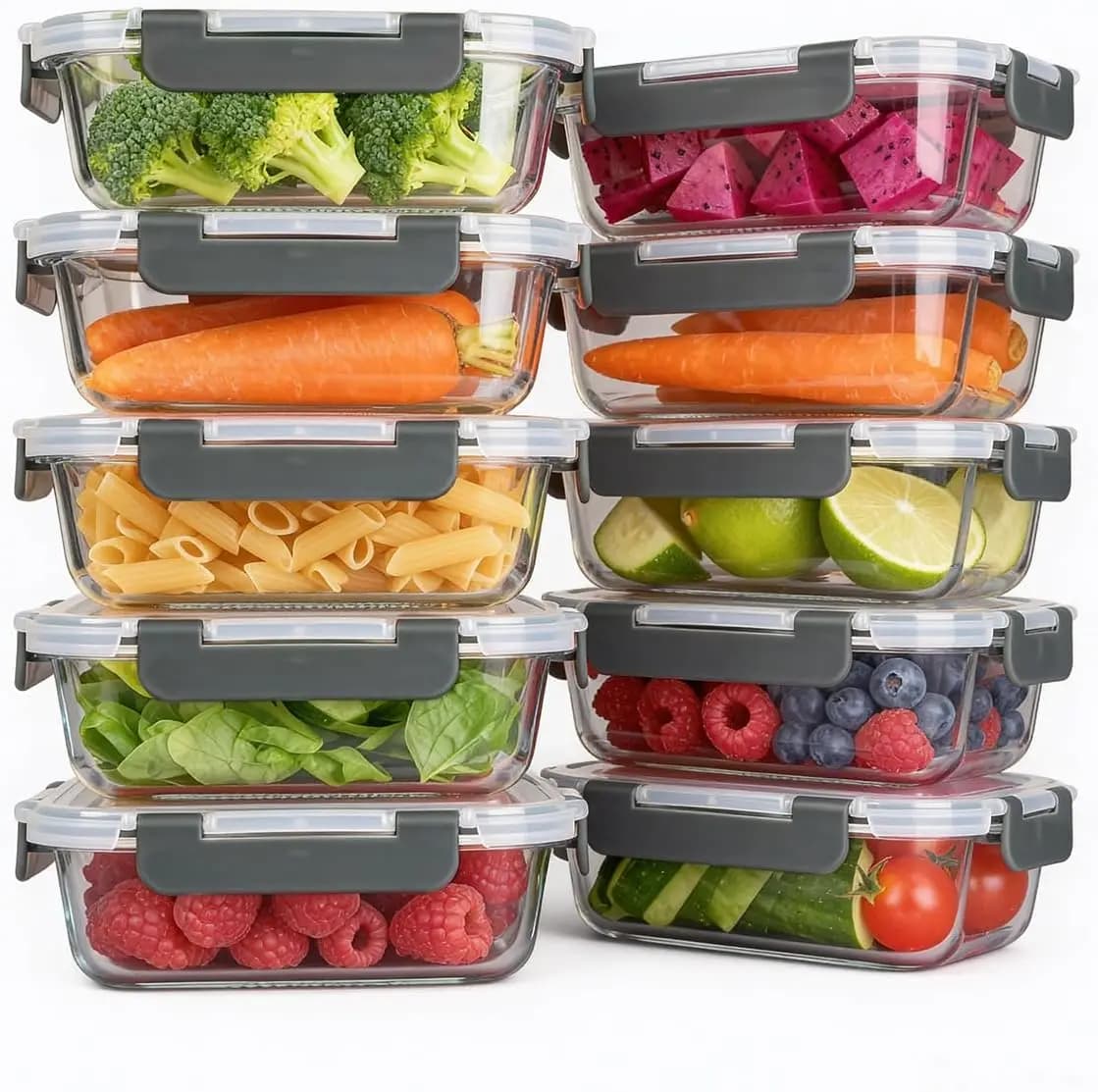 Contenitori in Vetro per Alimenti, Set da 10 Contenitori in Vetro per Preparazione Pasti, Contenitori Ermetici con Coperchi a Chiusura Rapida, 650 ml Grigio