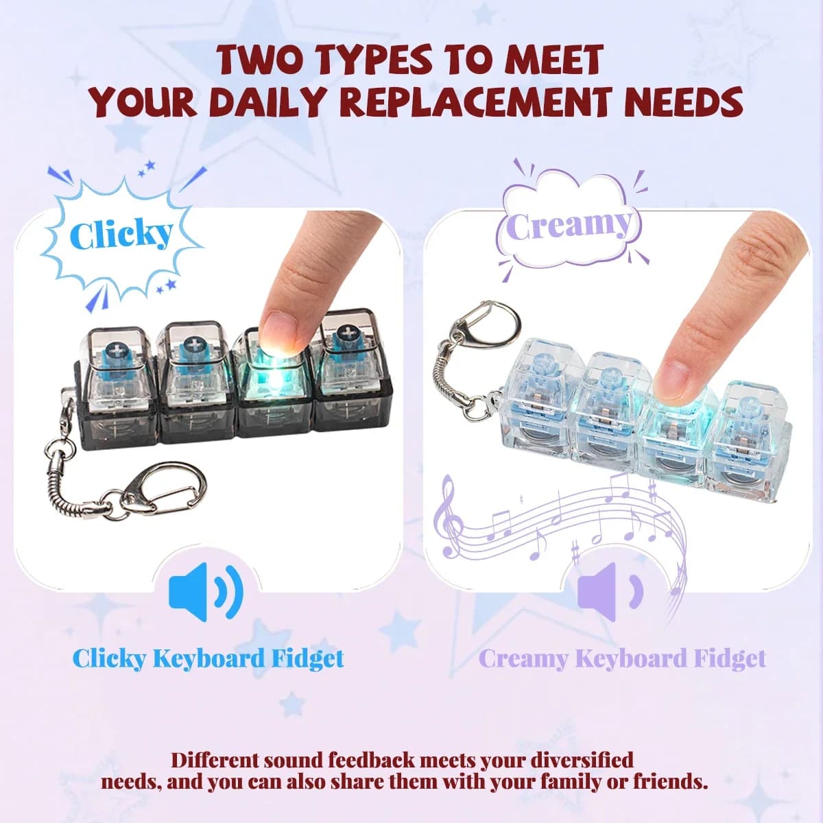 4 Keys Mechanical Keyboard Crystal Clicker Sensory Stress Relief Keyboard Keychain for Adults Anxiety Relief Relax Office Travel