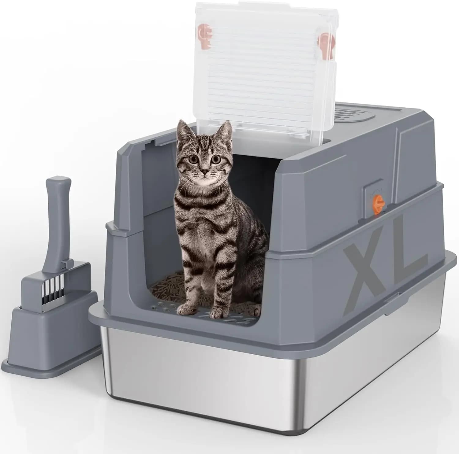 Lettiera per Gatti in Acciaio Inossidabile con Coperchio a Ribalta, Design Chiuso XL per Facile Pulizia, Controllo Odori e Protezione dalle Perdite