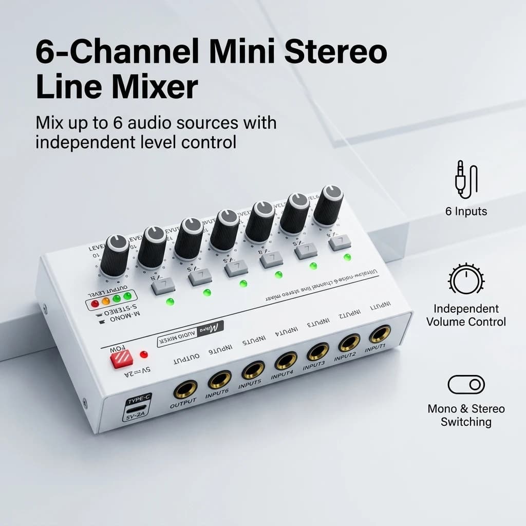 Portable Ultra Low Noise Line Sound Mixer 4/6/8 Channel Mini Audio Mixer AC 5V Power Supply Easy Use Audio Mixer