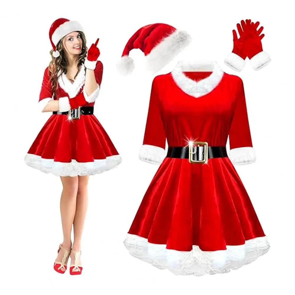 Set 4 Piece Santa Claus Costume Adult Velvet Santa Claus Dress with Belt Santa Claus Hat Gloves Set for Party