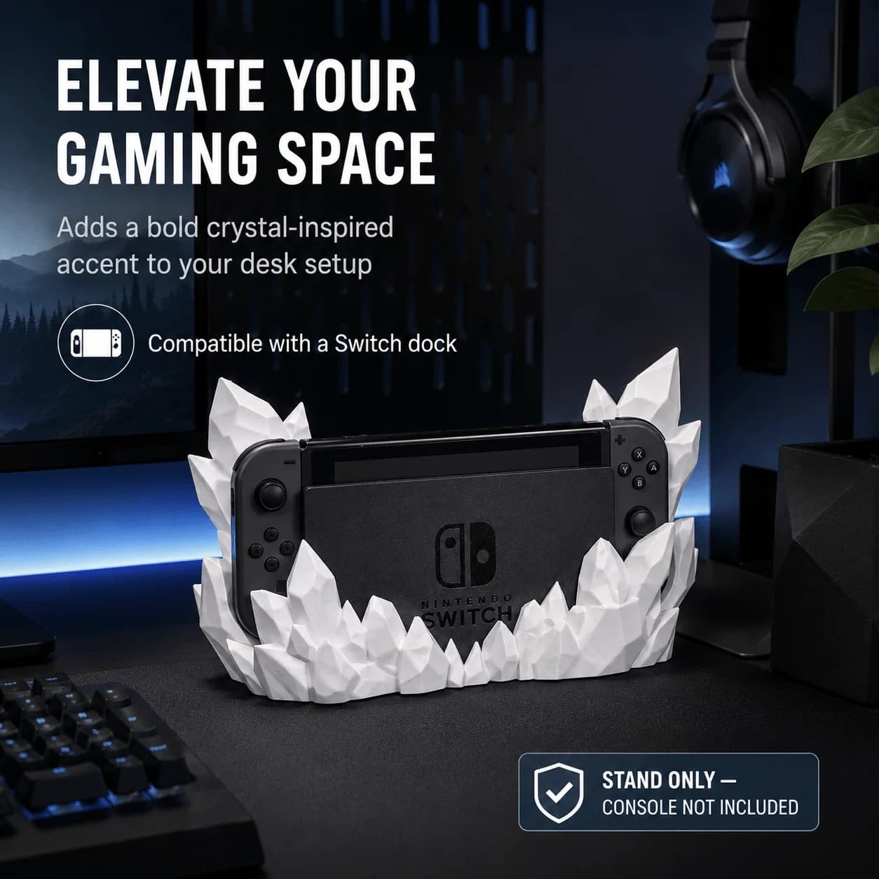 Switch Crystal Rock Dock Stand Compatible, Unique Console Dock Holder, Geometric Crystal Gaming Desk Decor Display Stand