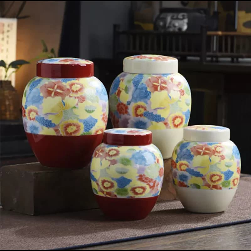 Chinese Ceramic Tea Canister with Colorful Flower Design Airtight Jar Home Use Cylindrical for Storing Nut Coffee Beans or Herbs